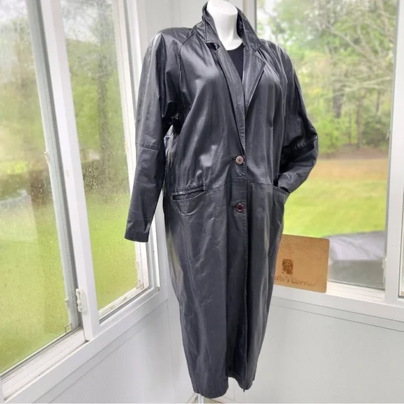 Vintage Accent Black Leather Cocoon Sleeve Maxi Single Breasted Coat Size XL - Picture 1 of 14